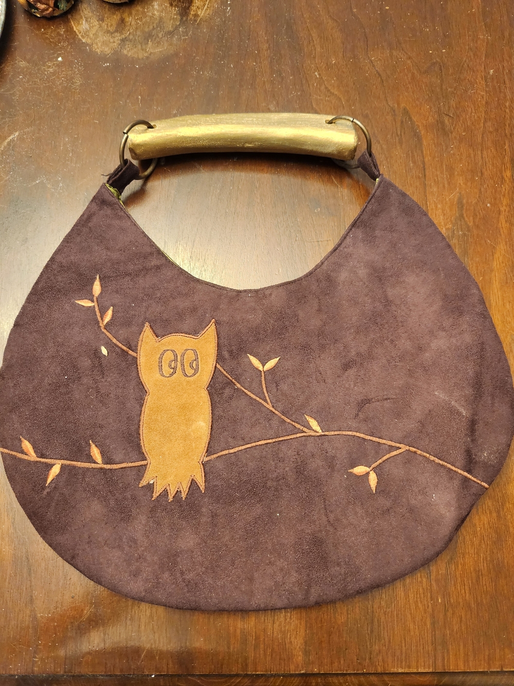 Cost Plus World Market Brown Suede Owl Hobo Bag with Wood Handle